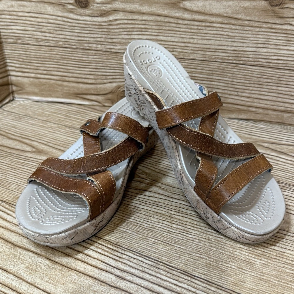 Crocs A-Leigh Cork Brown Wedge Sandals Women Sz 6 Brown Leather Strappy Shoes‎